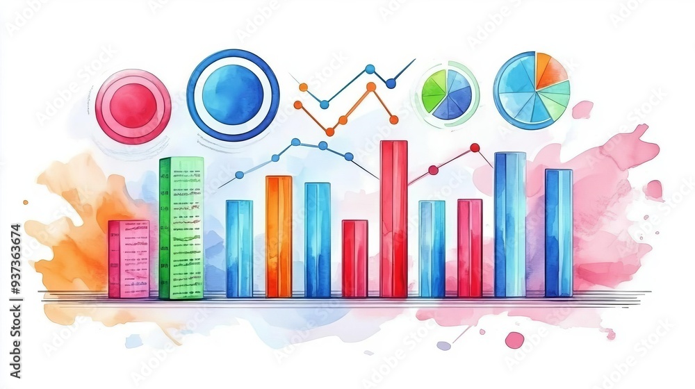 Watercolor illustration of business charts and graphs. Watercolor illustration of business charts and graphs.