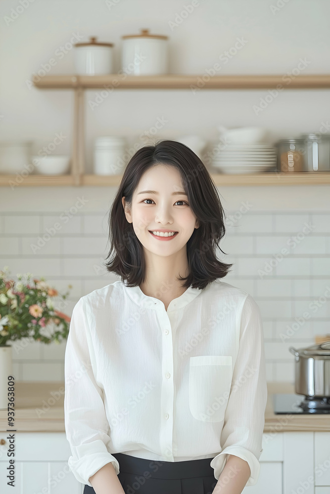 Smiling Young Woman Wearing Apron in a Bright Modern Kitchen Smiling Young Woman Wearing Apron in a Bright Modern Kitchen