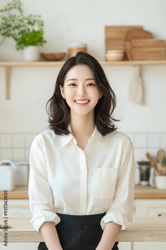 Smiling Young Woman Wearing Apron in a Bright Modern Kitchen Smiling Young Woman Wearing Apron in a Bright Modern Kitchen
