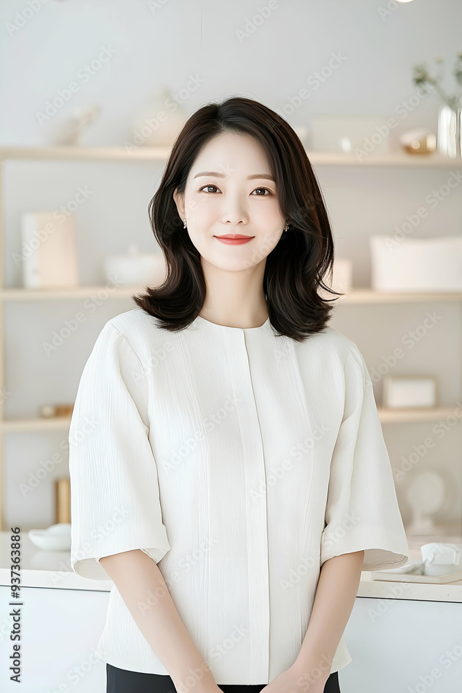 Smiling Young Woman Wearing Apron in a Bright Modern Kitchen Smiling Young Woman Wearing Apron in a Bright Modern Kitchen