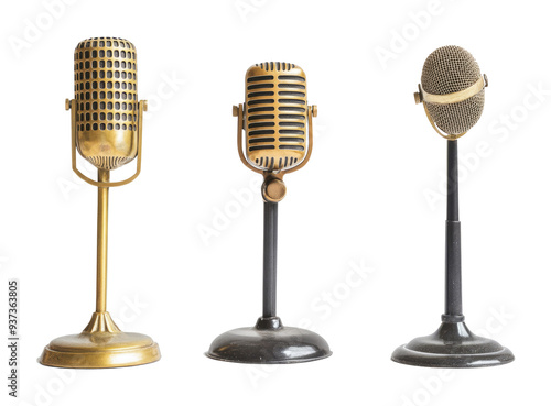 Set vintage silver gold microphone isolated on white background