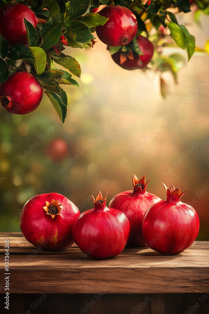 A wooden table with a pomegranate tree as a backdrop, with a blurred background, and the natural light highlighting the deep red fruits and their glossy skin. A wooden table with a pomegranate tree as a backdrop, with a blurred background, and the natural light highlighting the deep red fruits and their glossy skin.