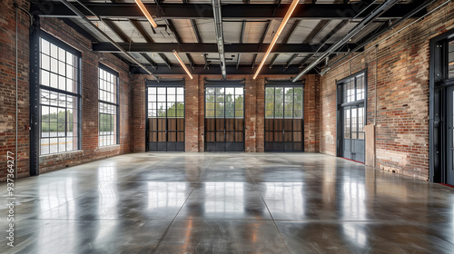 a spacious warehouse with exposed brick walls, high ceilings, and large windows.