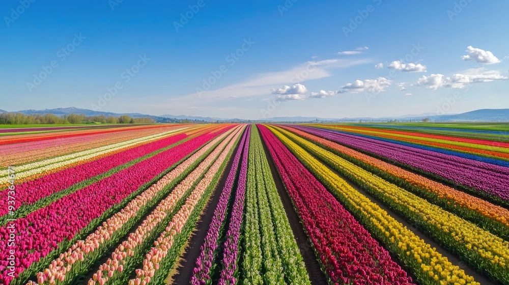 Aerial view of a tulip field in full bloom, rows of colorful flowers and blue sky, beautiful landscape Aerial view of a tulip field in full bloom, rows of colorful flowers and blue sky, beautiful landscape