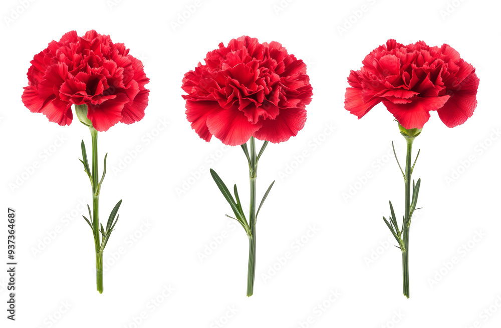 Set beautiful red carnation isolated on white background. Set beautiful red carnation isolated on white background.