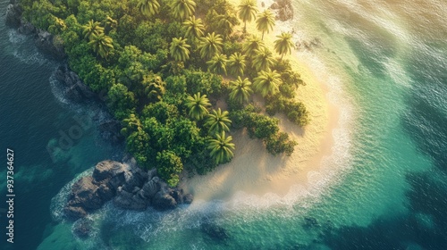 Aerial view of a tropical island with lush vegetation and palm trees, pristine nature and travel destination