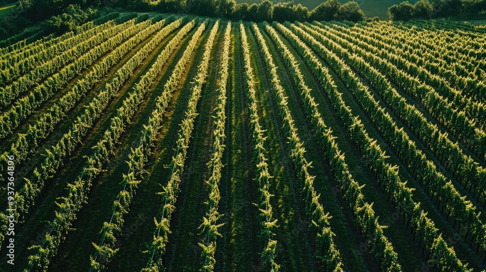 Fototapeta premium Aerial view of a vineyard in the countryside, rows of grapevines stretching into the distance, agricultural landscape