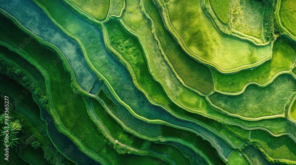 Fototapeta premium Aerial view of rice terraces in Bali, Indonesia, lush green fields, and traditional agriculture, landscape photography