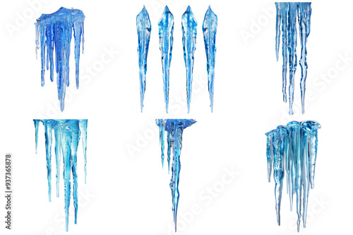 A collection of six icicles with various shapes and sizes