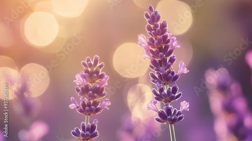 Close-up of a blooming lavender with soft focus, delicate purple flowers and nature background, space for text