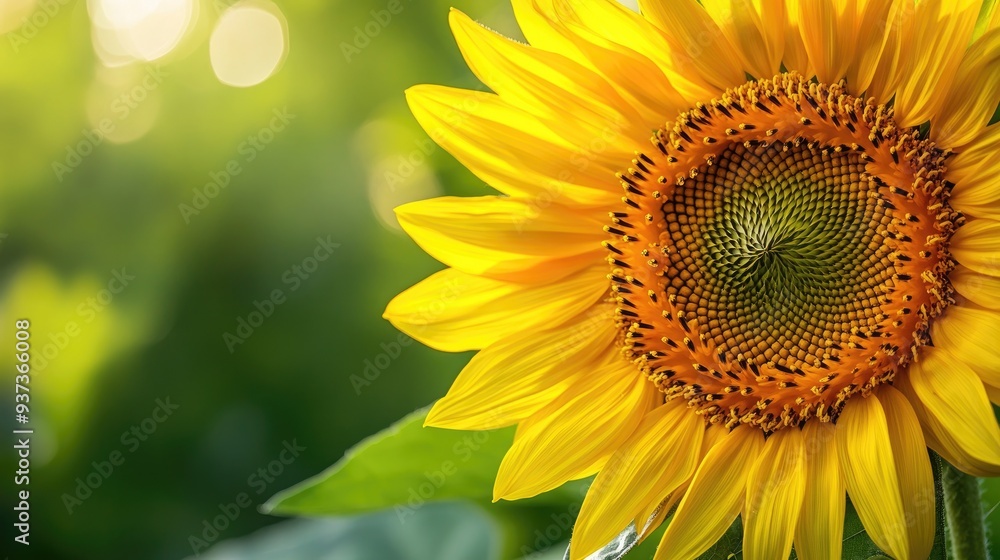 Close-up of a blooming sunflower with a vibrant yellow petal and a green background, summer nature scenee26c16 Close-up of a blooming sunflower with a vibrant yellow petal and a green background, summer nature scenee26c16