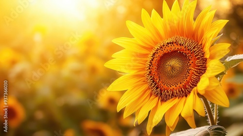 Close-up of a blooming sunflower with a vibrant yellow petal and a green background, summer nature scenee photo