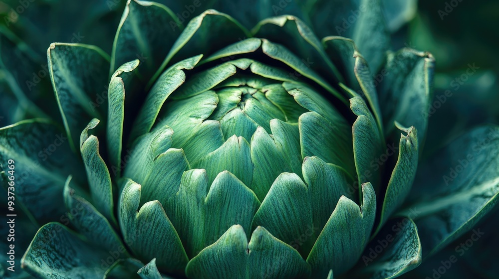 Obraz premium Close-up of a green artichoke with textured leaves, fresh vegetable and culinary ingredient concept, nature background