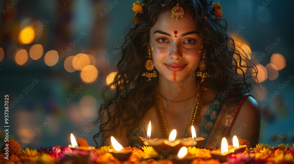 Festive Diwali Celebration: Joyful Indian Woman Lighting Diyas on Vibrant Flower Rangoli at Home Festive Diwali Celebration: Joyful Indian Woman Lighting Diyas on Vibrant Flower Rangoli at Home