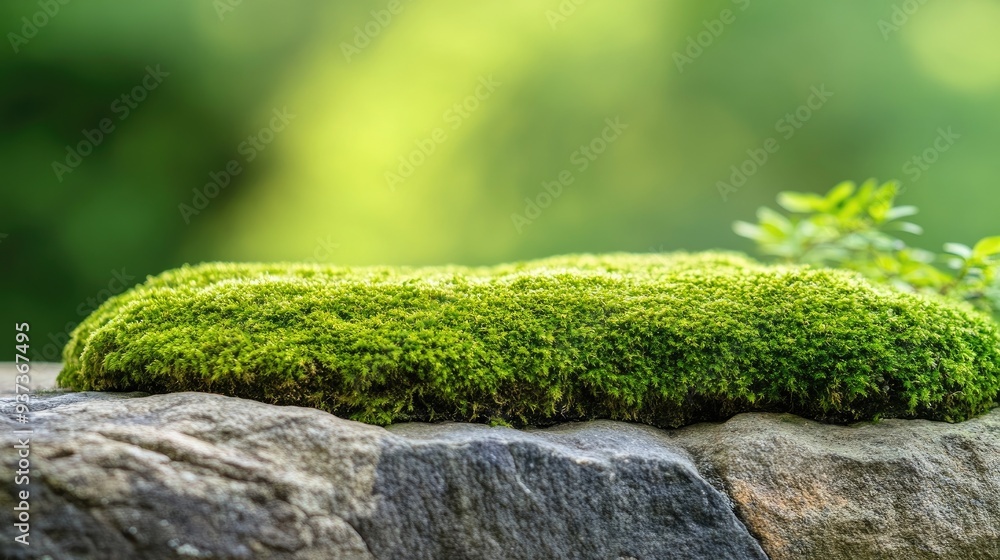 Close-up of a green moss-covered stone, natural texture and organic background, space for text Close-up of a green moss-covered stone, natural texture and organic background, space for text