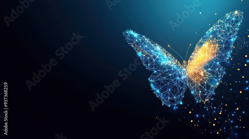 Low-poly butterfly in flight against tech-inspired background