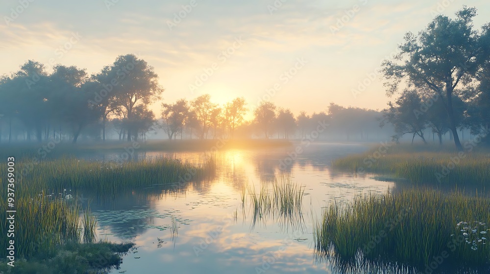 Misty Sunset Over a Tranquil Lake with Trees and Grass - 3D Illustration Misty Sunset Over a Tranquil Lake with Trees and Grass - 3D Illustration