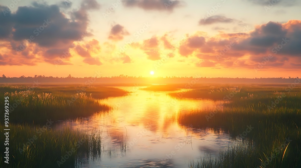 Golden Hour Sunset Over Marsh with River - Realistic Landscape Illustration Golden Hour Sunset Over Marsh with River - Realistic Landscape Illustration
