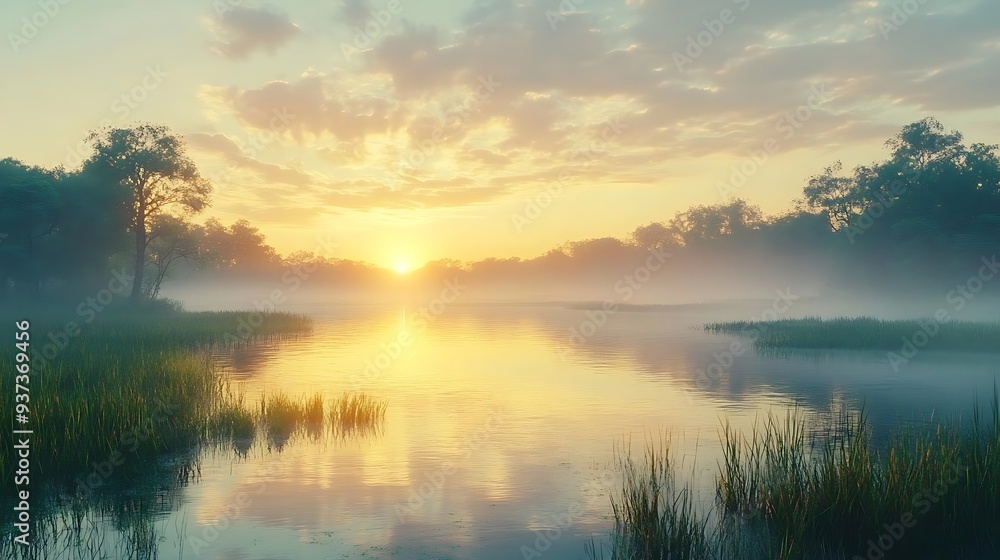 Fototapeta premium Sunrise Over Misty Lake with Green Grass and Trees - Realistic Image