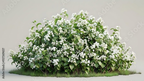 A lush bush covered in white flowers, showcasing vibrant greenery and floral beauty.