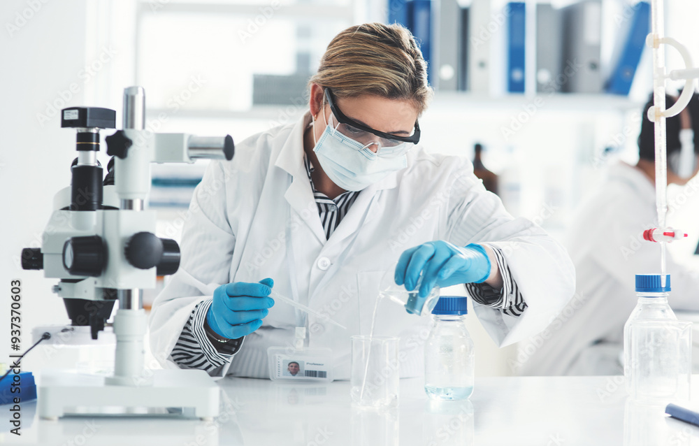 Woman, scientist and liquid with beaker in lab for microscope, chemical experiment or assessment process. Researcher, chemistry and biotech for investigation analysis, study reaction and medical cure Woman, scientist and liquid with beaker in lab for microscope, chemical experiment or assessment process. Researcher, chemistry and biotech for investigation analysis, study reaction and medical cure