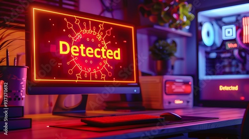 A desktop monitor showing a critical "Virus Detected" warning, red flashing alert on the screen, crafted with AI generative technology