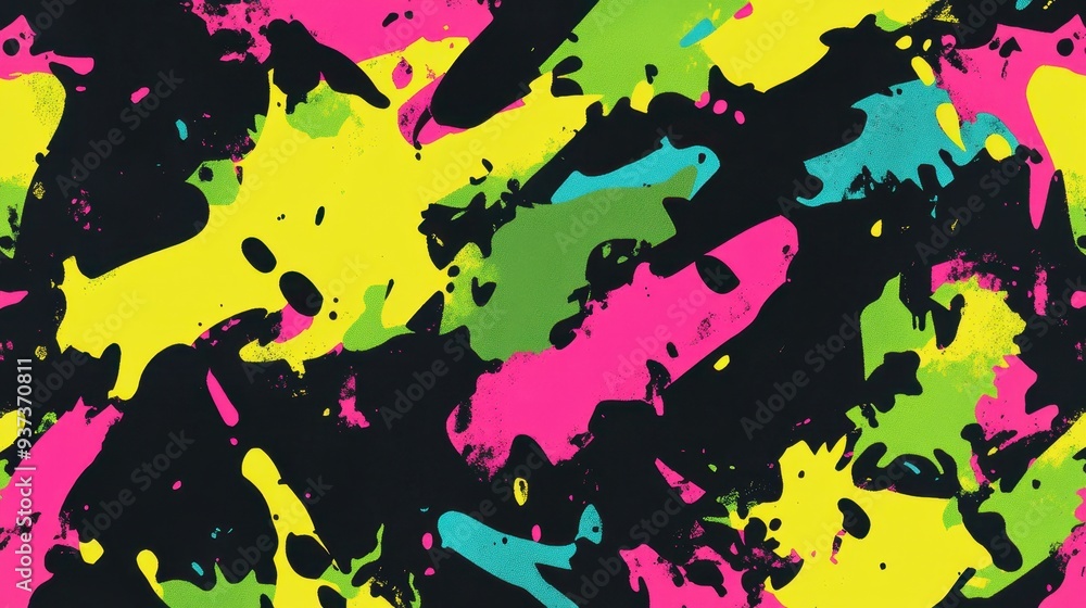 A vibrant abstract pattern featuring splashes of bright colors on a dark background. A vibrant abstract pattern featuring splashes of bright colors on a dark background.