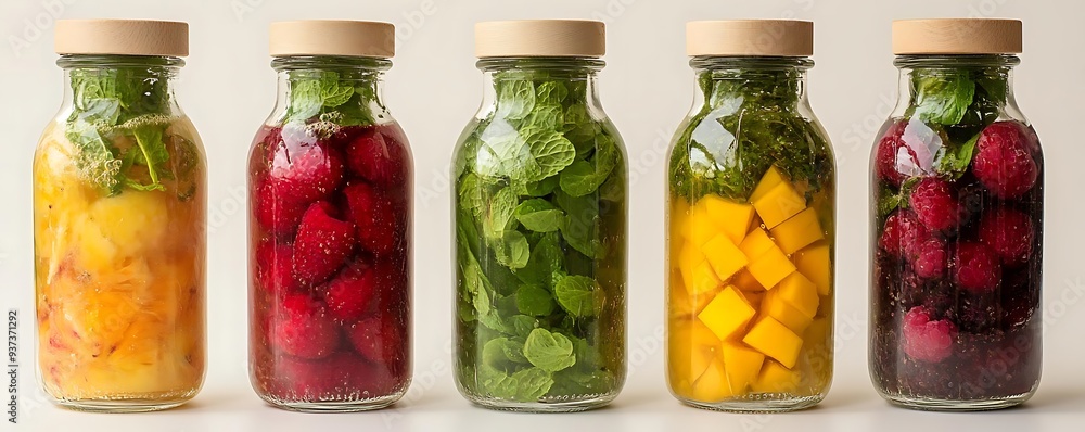 Five Glass Bottles Filled with Fruit and Mint - Realistic Image Five Glass Bottles Filled with Fruit and Mint - Realistic Image