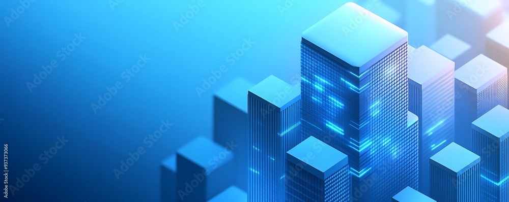 Blue 3D Cityscape Illustration with Glowing Windows Blue 3D Cityscape Illustration with Glowing Windows