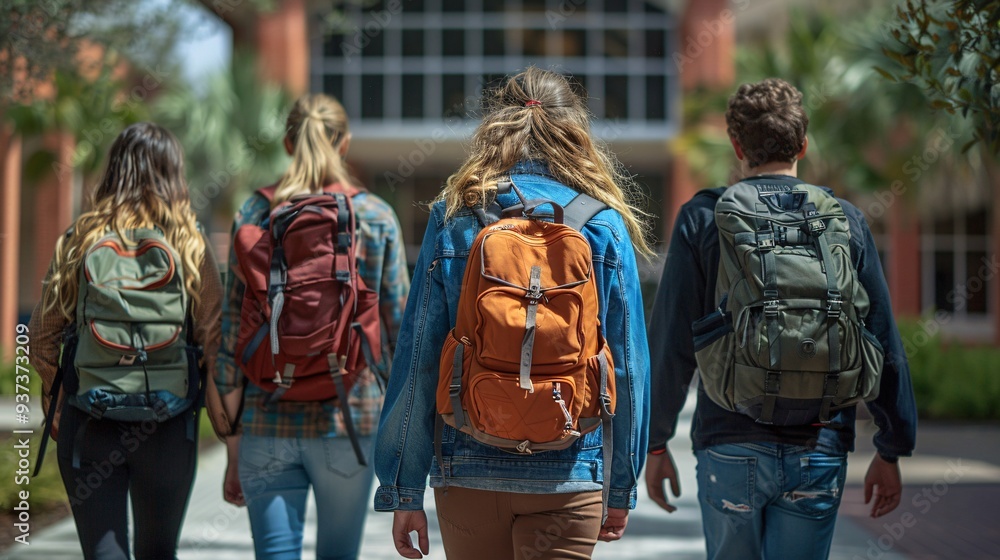 Unity in Education - Diverse Group of Five College Students Walking Together at University Campus, Rear View Unity in Education - Diverse Group of Five College Students Walking Together at University Campus, Rear View
