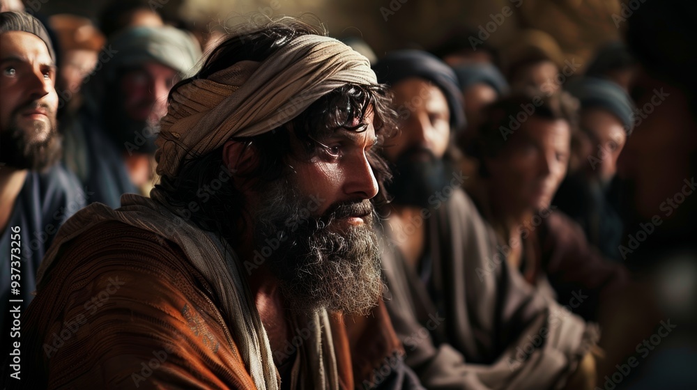 Obraz premium Jesus teaches disciples divine justice, emphasizing humility and compassion over worldly desires.