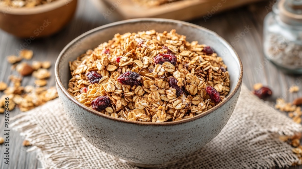 Homemade granola on grain sack runner. Homemade granola on grain sack runner.