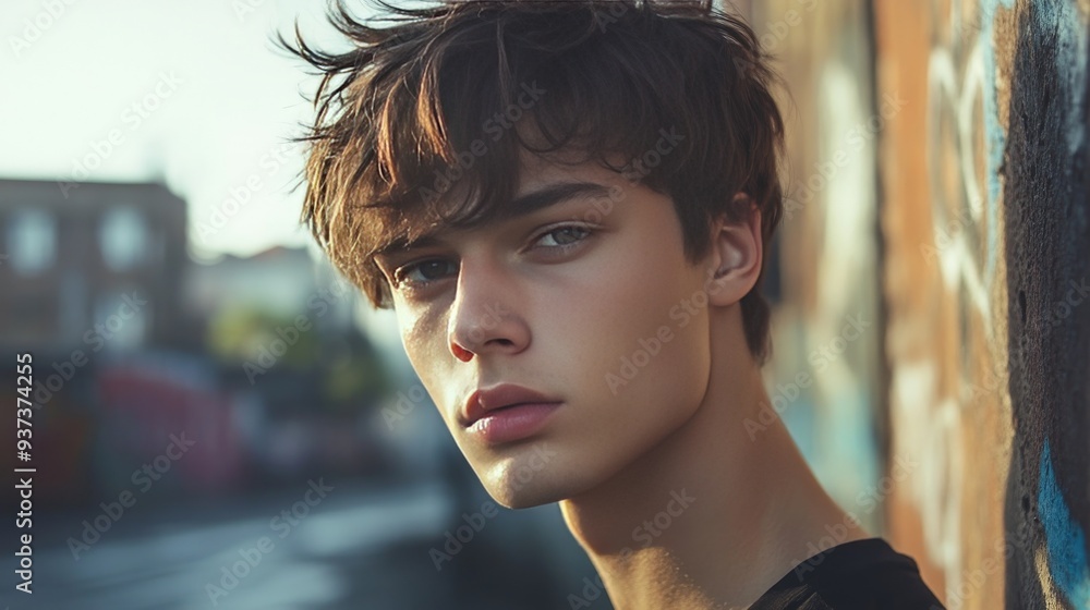 Fototapeta premium Young man with trim hair poses in urban setting.