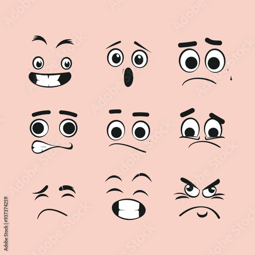 A grid of nine cartoon faces displaying various emotions on a pastel pink background.