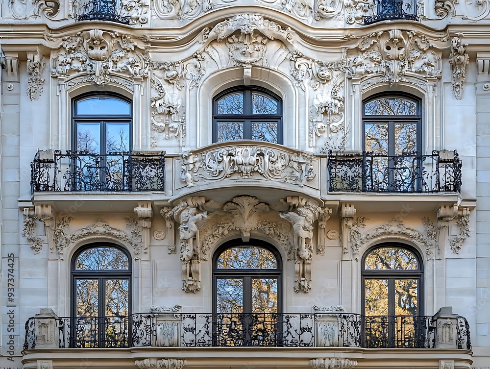 Ornate Facade with Balconies and Intricate Carvings - Architectural Photography Ornate Facade with Balconies and Intricate Carvings - Architectural Photography