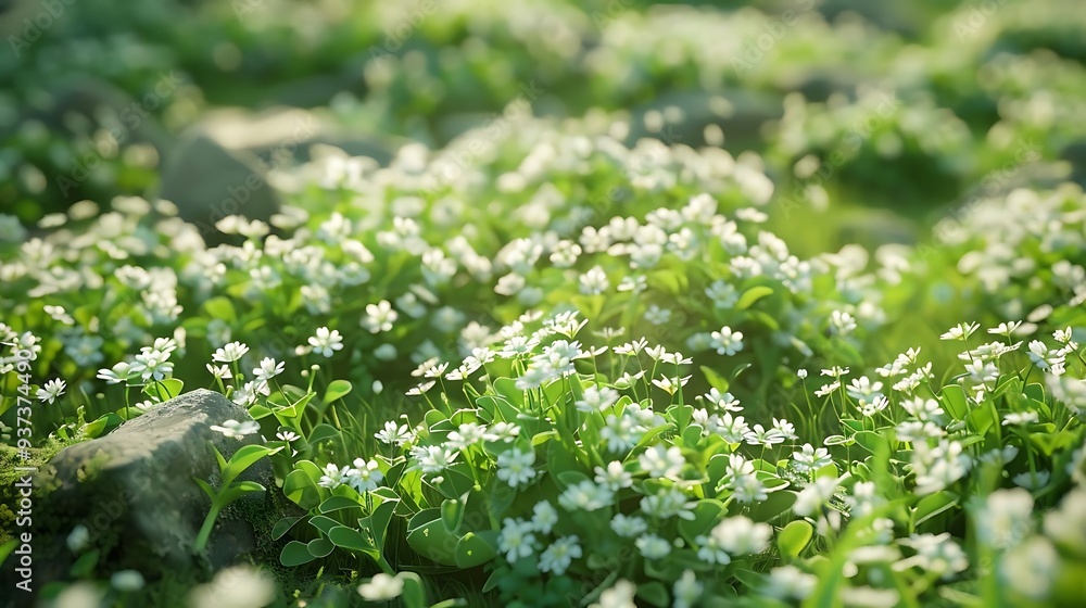 A vibrant field of small white flowers surrounded by greenery and stones, evoking a serene natural environment. A vibrant field of small white flowers surrounded by greenery and stones, evoking a serene natural environment.