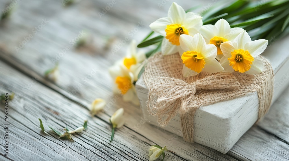 Heart gift box, narcissus, wood planks. Heart gift box, narcissus, wood planks.