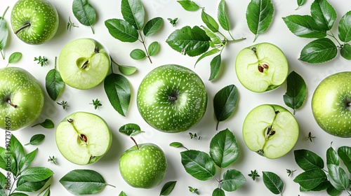 Vibrant Green Apples and Leaves Levitating in Abstract Pattern on White Background