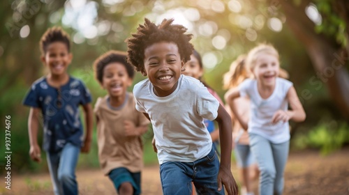 Harmony in Diversity: Multicultural Children Playing Happily in the Park Celebrating Friendship and Unity