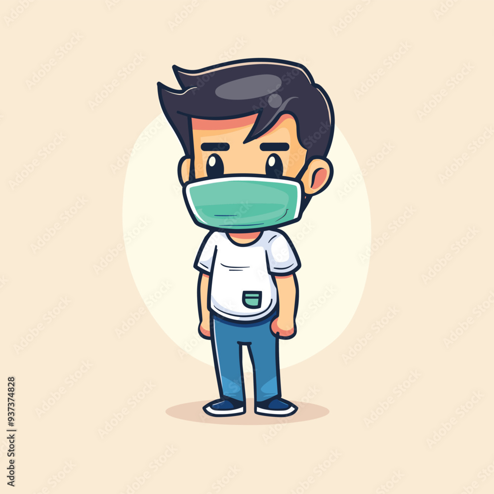 Cartoon illustration of a young male character wearing a face mask, standing with a neutral expression. Cartoon illustration of a young male character wearing a face mask, standing with a neutral expression.