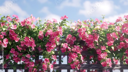 Wallpaper Mural A vibrant display of pink flowers cascading over a wooden trellis under a blue sky. Torontodigital.ca
