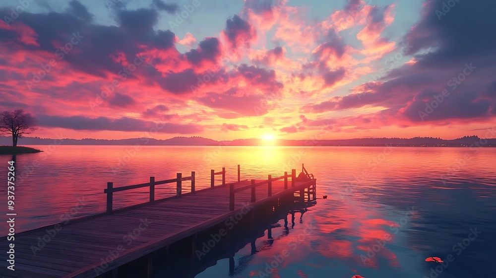 Fototapeta premium Stunning Sunset Landscape With Dock and Mountains Illustration