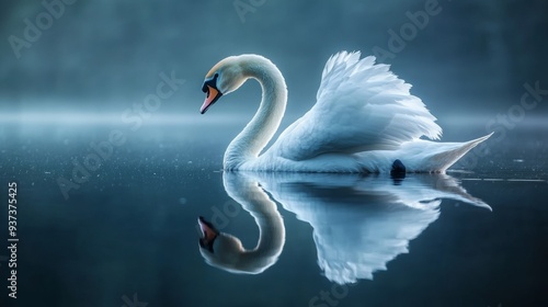 Swan's dance on glassy pond's reflection photo