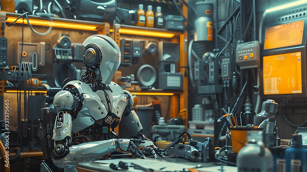 Robot engineer undergoing maintenance, with open panels and repair tools, set in a futuristic workshop with detailed machinery Robot engineer undergoing maintenance, with open panels and repair tools, set in a futuristic workshop with detailed machinery