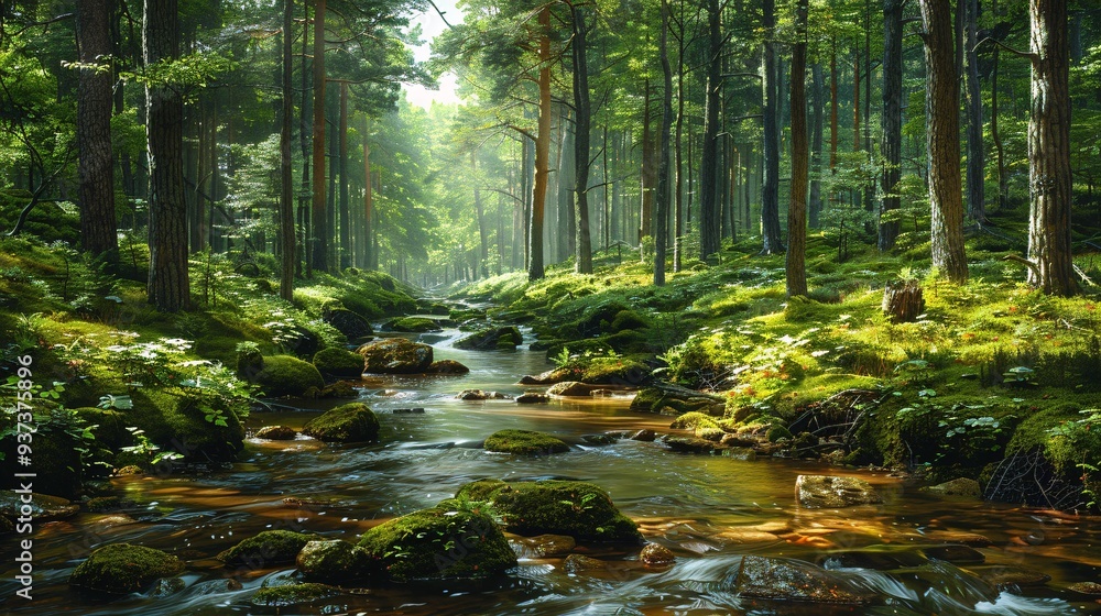 Serene Forest Bliss: Tranquil Woodland Scene with Babbling Stream Serene Forest Bliss: Tranquil Woodland Scene with Babbling Stream