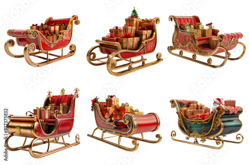 Six Ornate Christmas Sleighs Filled with Presents photo