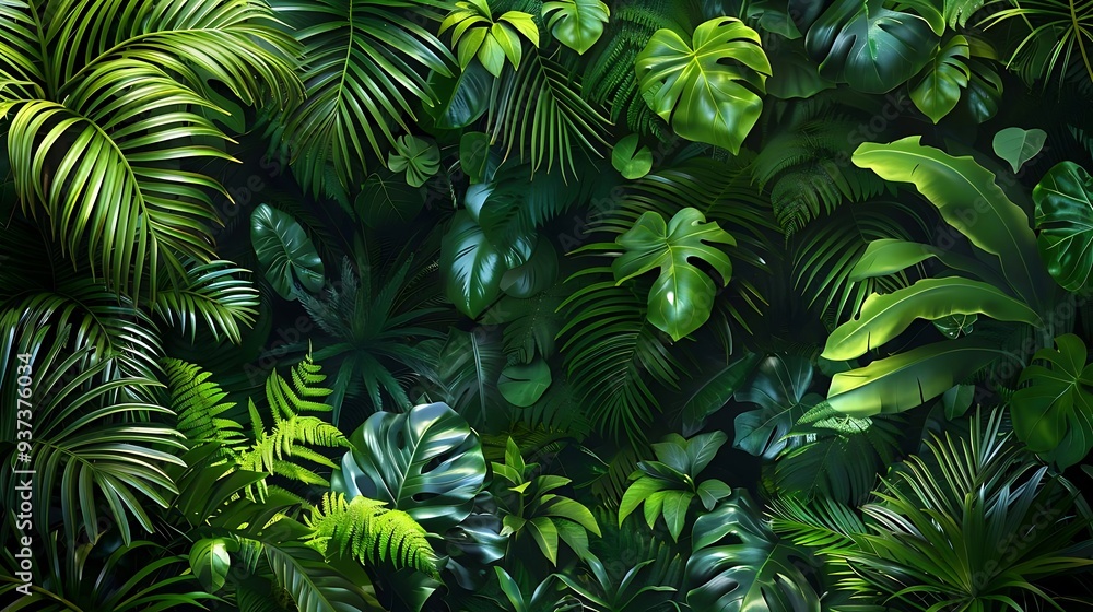 A lush arrangement of various tropical leaves creating a vibrant, green backdrop. A lush arrangement of various tropical leaves creating a vibrant, green backdrop.