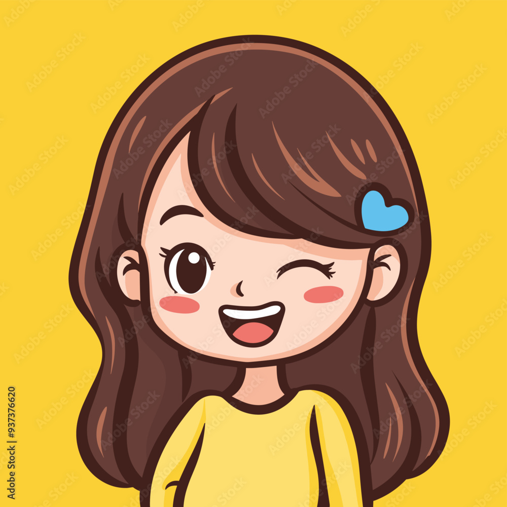 Cute animated girl with brown hair winking and smiling, against a yellow background. Cute animated girl with brown hair winking and smiling, against a yellow background.