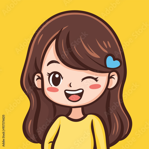 Cute animated girl with brown hair winking and smiling, against a yellow background.