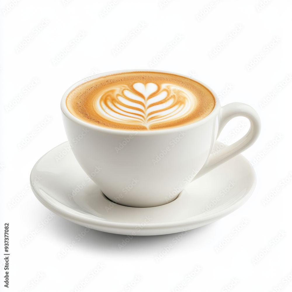 A white coffee cup with a heart design on it. The coffee is hot and frothy A white coffee cup with a heart design on it. The coffee is hot and frothy